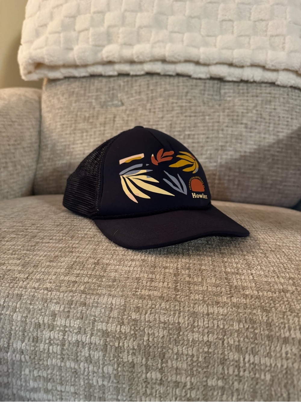 Howler Brothers Navy Mesh Trucker Cap with Multicolor Leaf Motif